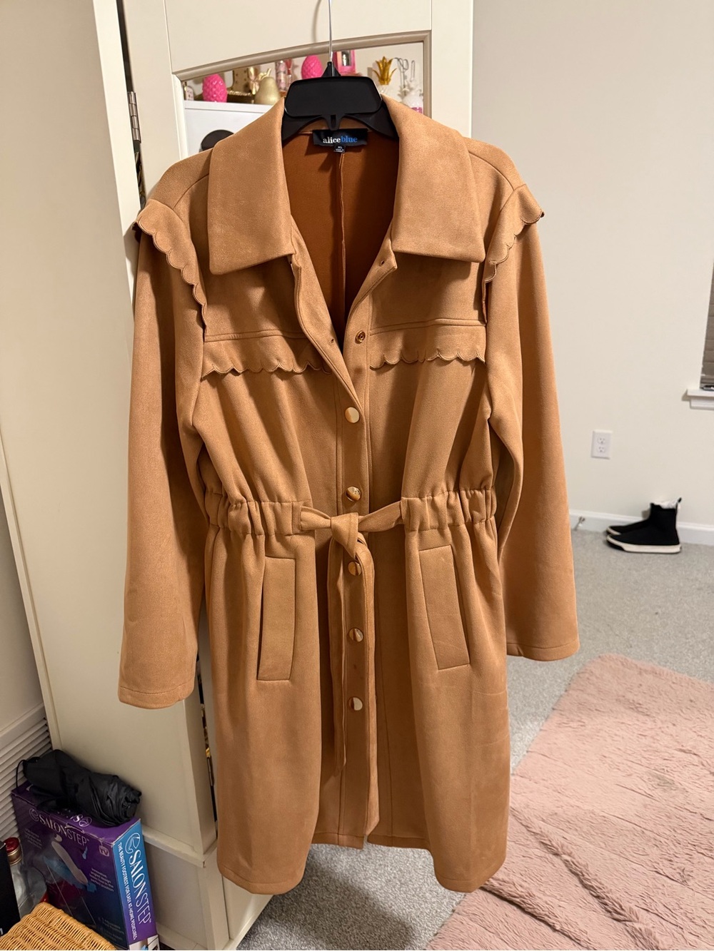 Alice Blue Camel Scallop-Trim Belted Trench Coat